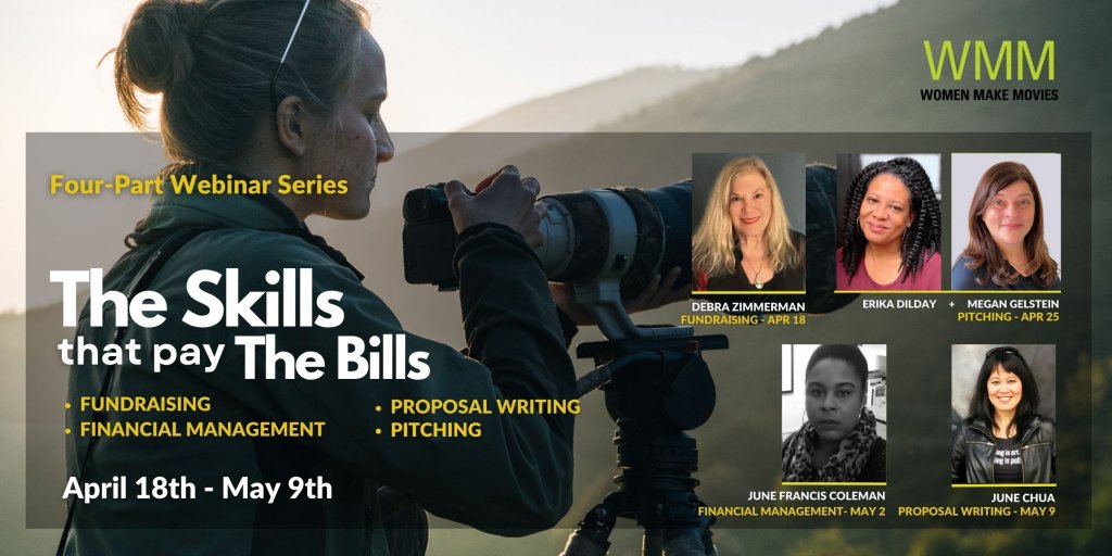 A graphic advertising WMM Webinar Series "The Skills That Pay the Bills" listing on the filmmakers and titles of webinars featured