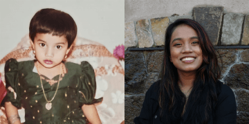 Left: a baby picture of Website Assistant Aishika Jennela Right: a current headshot of Website Assistant Aishika Jennela