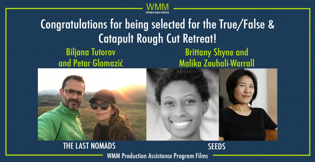 Portraits of filmmakers against a dark blue backdrop with the words "Congratulations for being selected for the True/False & Catapult Rough Cut Retreat!"
